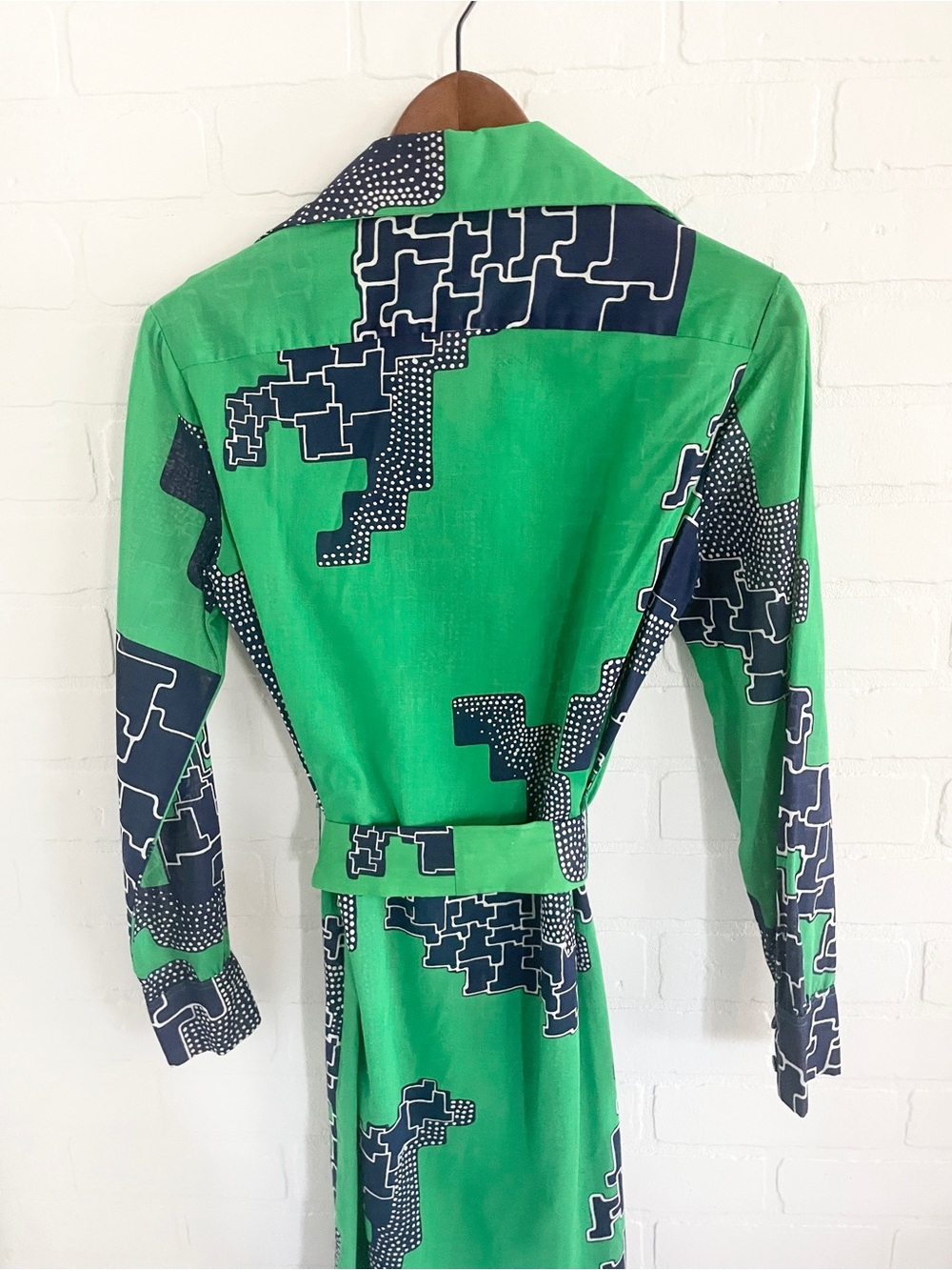 Rare 70s Lanvin Geometric Cotton Midi Shirt Dress Belted Sz 12 - Picture 12 of 16